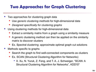 Two Approaches for Graph Clustering
 Two approaches for clustering graph data
 Use generic clustering methods for high-dimensional data
 Designed specifically for clustering graphs
 Using clustering methods for high-dimensional data
 Extract a similarity matrix from a graph using a similarity measure
 A generic clustering method can then be applied on the similarity
matrix to discover clusters
 Ex. Spectral clustering: approximate optimal graph cut solutions
 Methods specific to graphs
 Search the graph to find well-connected components as clusters
 Ex. SCAN (Structural Clustering Algorithm for Networks)

X. Xu, N. Yuruk, Z. Feng, and T. A. J. Schweiger, “SCAN: A
Structural Clustering Algorithm for Networks”, KDD'07
781
 