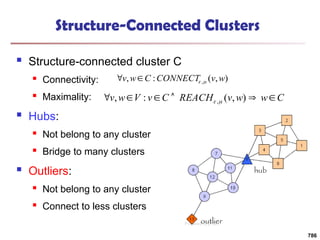 Structure-Connected Clusters
 Structure-connected cluster C
 Connectivity:
 Maximality:
 Hubs:
 Not belong to any cluster
 Bridge to many clusters
 Outliers:
 Not belong to any cluster
 Connect to less clusters
)
,
(
:
, , w
v
CONNECT
C
w
v 



C
w
w
v
REACH
C
v
V
w
v 




 )
,
(
:
, ,

hub
outlier
786
 