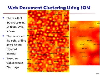 833
Web Document Clustering Using SOM
 The result of
SOM clustering
of 12088 Web
articles
 The picture on
the right: drilling
down on the
keyword
“mining”
 Based on
websom.hut.fi
Web page
 
