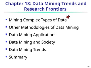 902
Chapter 13: Data Mining Trends and
Research Frontiers
 Mining Complex Types of Data
 Other Methodologies of Data Mining
 Data Mining Applications
 Data Mining and Society
 Data Mining Trends
 Summary
 