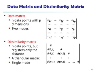 91
Data Matrix and Dissimilarity Matrix
 Data matrix
 n data points with p
dimensions
 Two modes
 Dissimilarity matrix
 n data points, but
registers only the
distance
 A triangular matrix
 Single mode


















np
x
...
nf
x
...
n1
x
...
...
...
...
...
ip
x
...
if
x
...
i1
x
...
...
...
...
...
1p
x
...
1f
x
...
11
x
















0
...
)
2
,
(
)
1
,
(
:
:
:
)
2
,
3
(
)
...
n
d
n
d
0
d
d(3,1
0
d(2,1)
0
 