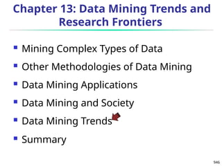 946
Chapter 13: Data Mining Trends and
Research Frontiers
 Mining Complex Types of Data
 Other Methodologies of Data Mining
 Data Mining Applications
 Data Mining and Society
 Data Mining Trends
 Summary
 