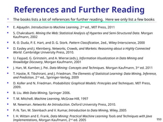 950
References and Further Reading
 The books lists a lot of references for further reading. Here we only list a few books
 E. Alpaydin. Introduction to Machine Learning, 2nd
ed., MIT Press, 2011
 S. Chakrabarti. Mining the Web: Statistical Analysis of Hypertex and Semi-Structured Data. Morgan
Kaufmann, 2002
 R. O. Duda, P. E. Hart, and D. G. Stork. Pattern Classification, 2ed., Wiley-Interscience, 2000
 D. Easley and J. Kleinberg. Networks, Crowds, and Markets: Reasoning about a Highly Connected
World. Cambridge University Press, 2010.
 U. Fayyad, G. Grinstein, and A. Wierse (eds.), Information Visualization in Data Mining and
Knowledge Discovery, Morgan Kaufmann, 2001
 J. Han, M. Kamber, J. Pei. Data Mining: Concepts and Techniques. Morgan Kaufmann, 3rd
ed. 2011
 T. Hastie, R. Tibshirani, and J. Friedman. The Elements of Statistical Learning: Data Mining, Inference,
and Prediction, 2nd
ed., Springer-Verlag, 2009
 D. Koller and N. Friedman. Probabilistic Graphical Models: Principles and Techniques. MIT Press,
2009.
 B. Liu. Web Data Mining, Springer 2006.
 T. M. Mitchell. Machine Learning, McGraw Hill, 1997
 M. Newman. Networks: An Introduction. Oxford University Press, 2010.
 P.-N. Tan, M. Steinbach and V. Kumar, Introduction to Data Mining, Wiley, 2005
 I. H. Witten and E. Frank, Data Mining: Practical Machine Learning Tools and Techniques with Java
Implementations, Morgan Kaufmann, 2nd
ed. 2005
 