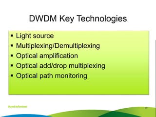  Light source
 Multiplexing/Demultiplexing
 Optical amplification
 Optical add/drop multiplexing
 Optical path monitoring
17
DWDM Key Technologies
 