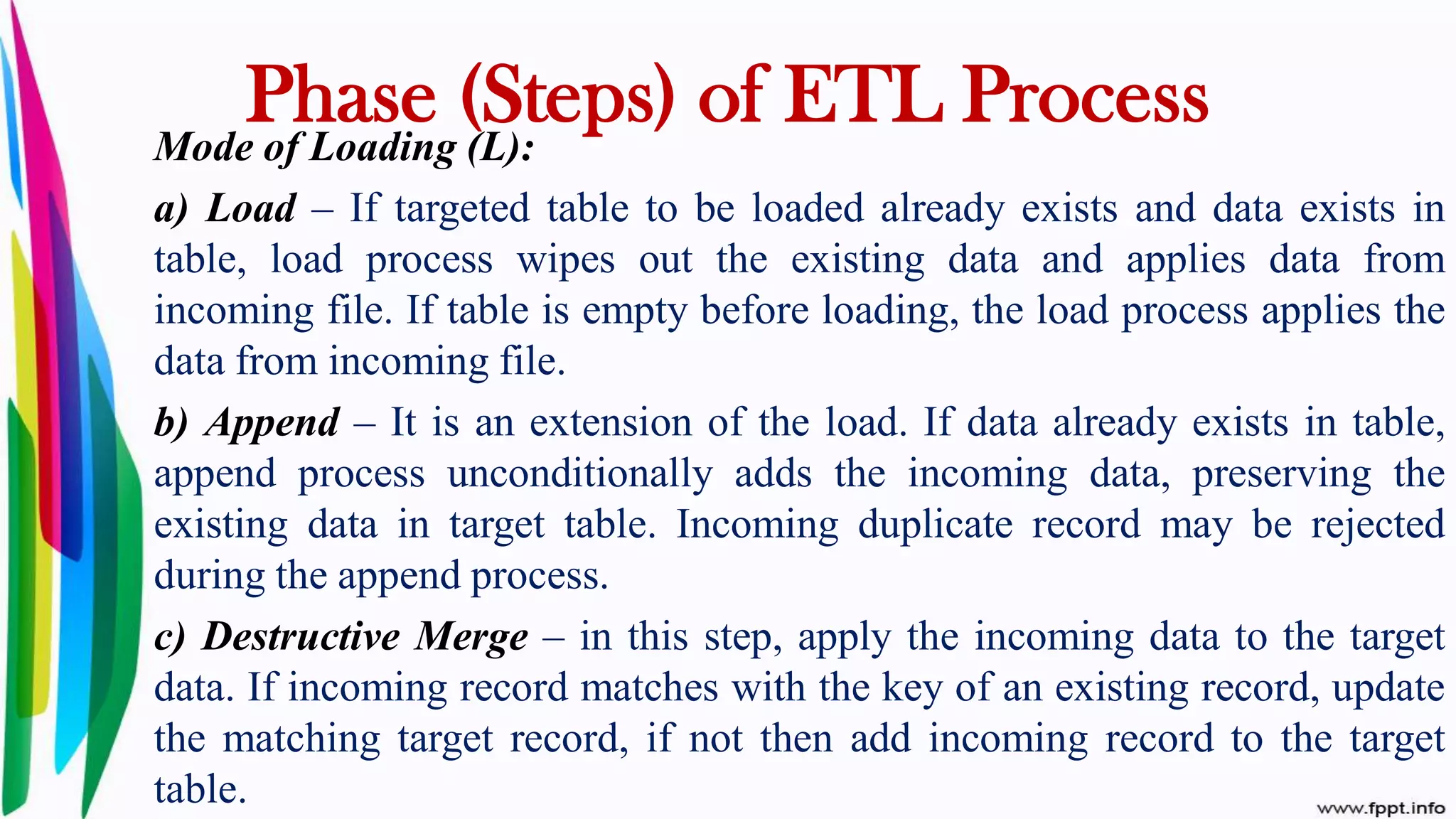 Mode of Loading (L):
a) Load – If targeted table to be loaded already exists and data exists in
table, load process wipes out the existing data and applies data from
incoming file. If table is empty before loading, the load process applies the
data from incoming file.
b) Append – It is an extension of the load. If data already exists in table,
append process unconditionally adds the incoming data, preserving the
existing data in target table. Incoming duplicate record may be rejected
during the append process.
c) Destructive Merge – in this step, apply the incoming data to the target
data. If incoming record matches with the key of an existing record, update
the matching target record, if not then add incoming record to the target
table.
Phase (Steps) of ETL Process
 