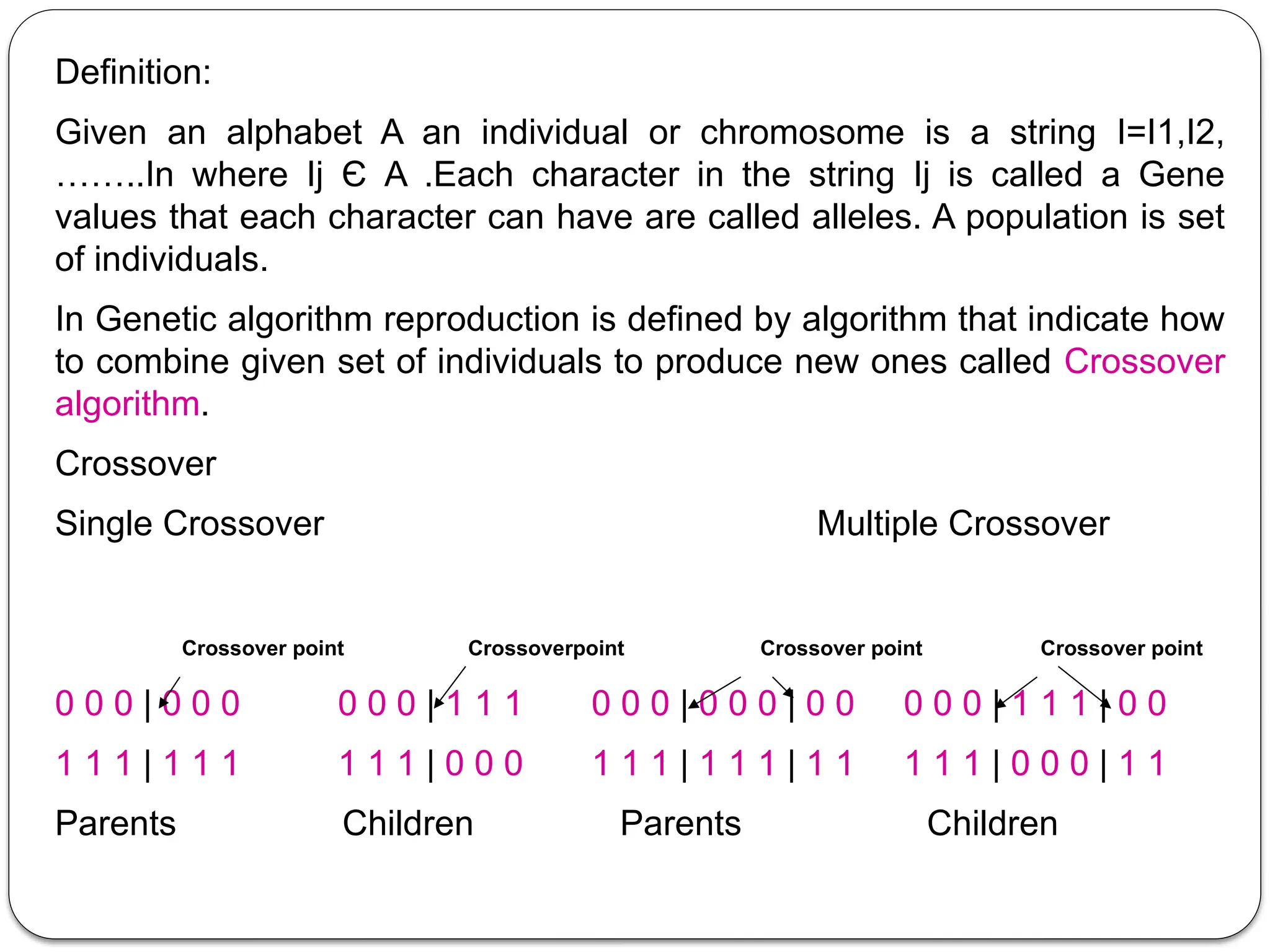 Definition:
Given an alphabet A an individual or chromosome is a string I=I1,I2,
……..In where Ij Є A .Each character in the string Ij is called a Gene
values that each character can have are called alleles. A population is set
of individuals.
In Genetic algorithm reproduction is defined by algorithm that indicate how
to combine given set of individuals to produce new ones called Crossover
algorithm.
Crossover
Single Crossover Multiple Crossover
Crossover point Crossoverpoint Crossover point Crossover point
0 0 0 | 0 0 0 0 0 0 | 1 1 1 0 0 0 | 0 0 0 | 0 0 0 0 0 | 1 1 1 | 0 0
1 1 1 | 1 1 1 1 1 1 | 0 0 0 1 1 1 | 1 1 1 | 1 1 1 1 1 | 0 0 0 | 1 1
Parents Children Parents Children
 
