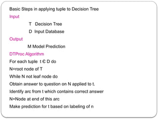 Basic Steps in applying tuple to Decision Tree
Input
T Decision Tree
D Input Database
Output
M Model Prediction
DTProc Algorithm
For each tuple t Є D do
N=root node of T
While N not leaf node do
Obtain answer to question on N applied to t.
Identify arc from t which contains correct answer
N=Node at end of this arc
Make prediction for t based on labeling of n
 