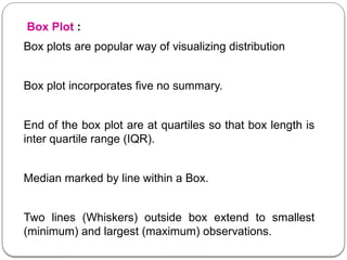 Box Plot :
Box plots are popular way of visualizing distribution
Box plot incorporates five no summary.
End of the box plot are at quartiles so that box length is
inter quartile range (IQR).
Median marked by line within a Box.
Two lines (Whiskers) outside box extend to smallest
(minimum) and largest (maximum) observations.
 