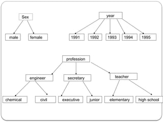Sex
male female
year
1991 1992 1993 1994 1995
profession
engineer secretary teacher
chemical civil executive junior elementary high school
 