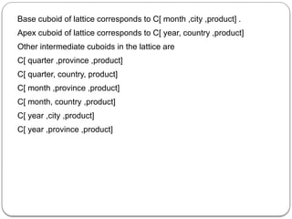 Base cuboid of lattice corresponds to C[ month ,city ,product] .
Apex cuboid of lattice corresponds to C[ year, country ,product]
Other intermediate cuboids in the lattice are
C[ quarter ,province ,product]
C[ quarter, country, product]
C[ month ,province ,product]
C[ month, country ,product]
C[ year ,city ,product]
C[ year ,province ,product]
 