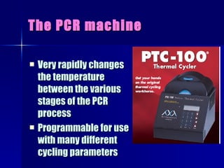The PCR machine Very rapidly changes the temperature between the various stages of the PCR process Programmable for use with many different cycling parameters 