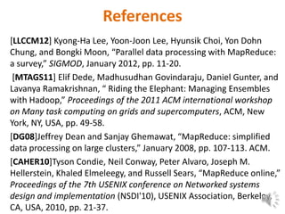 References
[LLCCM12] Kyong-Ha Lee, Yoon-Joon Lee, Hyunsik Choi, Yon Dohn
Chung, and Bongki Moon, “Parallel data processing with MapReduce:
a survey,” SIGMOD, January 2012, pp. 11-20.
 [MTAGS11] Elif Dede, Madhusudhan Govindaraju, Daniel Gunter, and
Lavanya Ramakrishnan, “ Riding the Elephant: Managing Ensembles
with Hadoop,” Proceedings of the 2011 ACM international workshop
on Many task computing on grids and supercomputers, ACM, New
York, NY, USA, pp. 49-58.
[DG08]Jeffrey Dean and Sanjay Ghemawat, “MapReduce: simplified
data processing on large clusters,” January 2008, pp. 107-113. ACM.
[CAHER10]Tyson Condie, Neil Conway, Peter Alvaro, Joseph M.
Hellerstein, Khaled Elmeleegy, and Russell Sears, “MapReduce online,”
Proceedings of the 7th USENIX conference on Networked systems
design and implementation (NSDI'10), USENIX Association, Berkeley,
CA, USA, 2010, pp. 21-37.
 