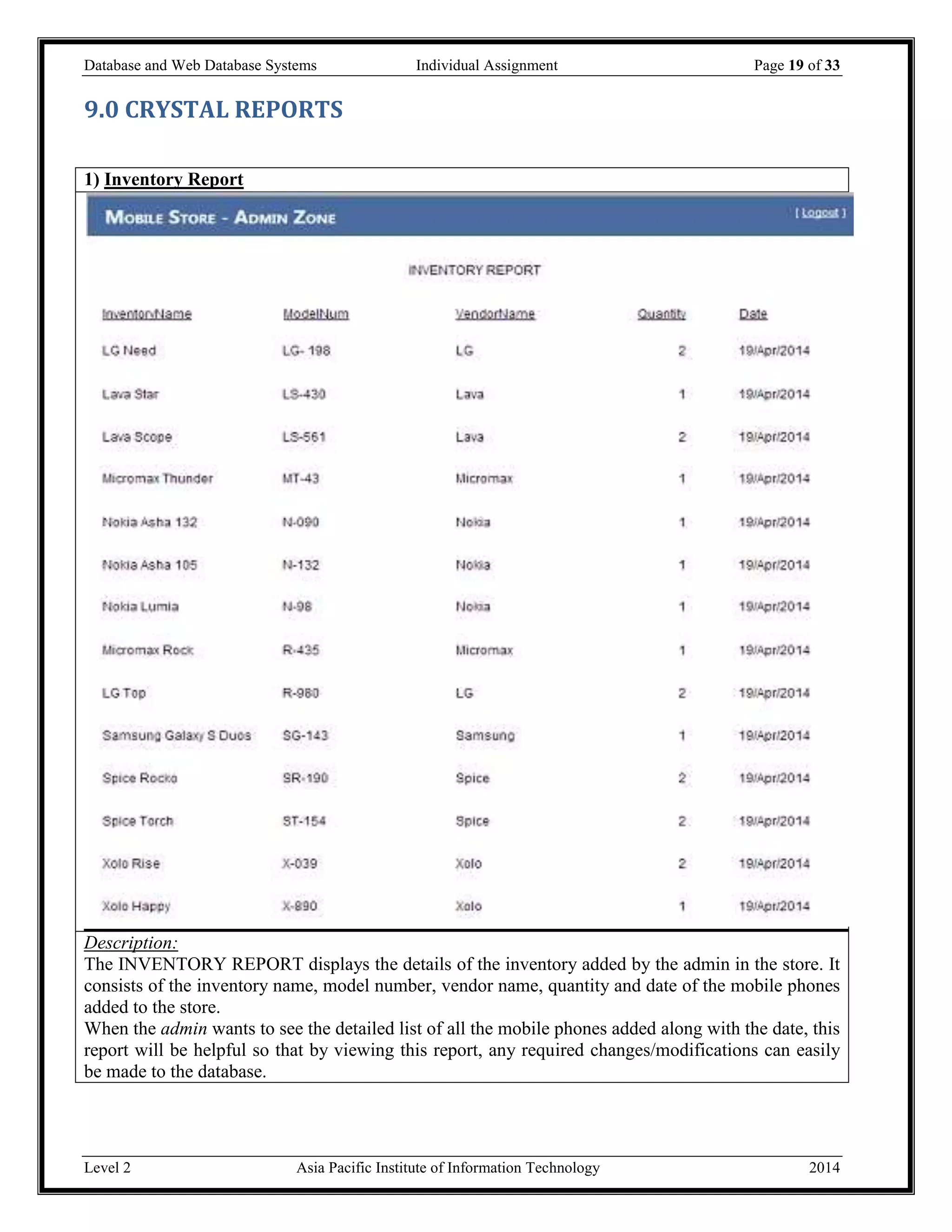 Database and Web Database Systems Individual Assignment Page 19 of 33
Level 2 Asia Pacific Institute of Information Technology 2014
9.0 CRYSTAL REPORTS
1) Inventory Report
Description:
The INVENTORY REPORT displays the details of the inventory added by the admin in the store. It
consists of the inventory name, model number, vendor name, quantity and date of the mobile phones
added to the store.
When the admin wants to see the detailed list of all the mobile phones added along with the date, this
report will be helpful so that by viewing this report, any required changes/modifications can easily
be made to the database.
 