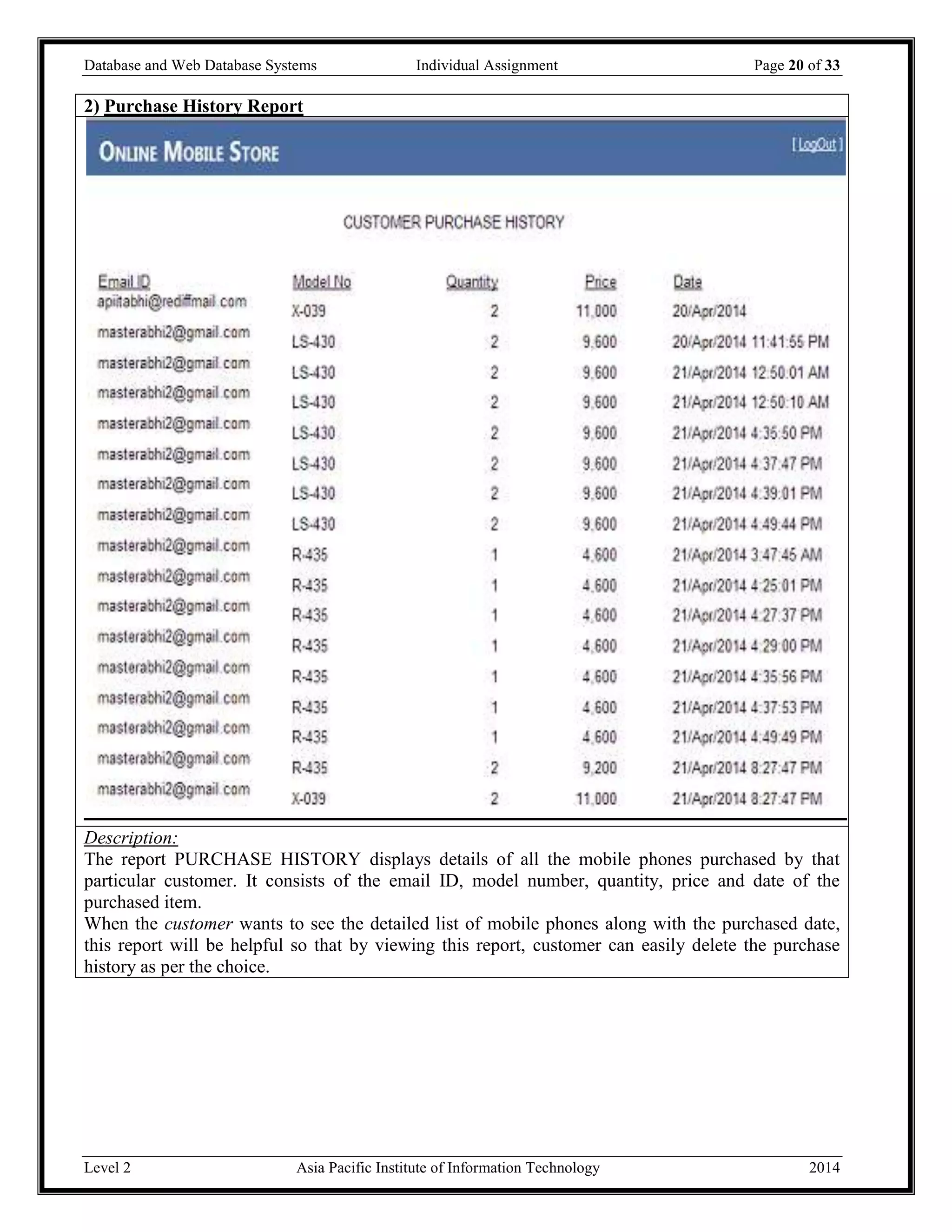 Database and Web Database Systems Individual Assignment Page 20 of 33
Level 2 Asia Pacific Institute of Information Technology 2014
2) Purchase History Report
Description:
The report PURCHASE HISTORY displays details of all the mobile phones purchased by that
particular customer. It consists of the email ID, model number, quantity, price and date of the
purchased item.
When the customer wants to see the detailed list of mobile phones along with the purchased date,
this report will be helpful so that by viewing this report, customer can easily delete the purchase
history as per the choice.
 