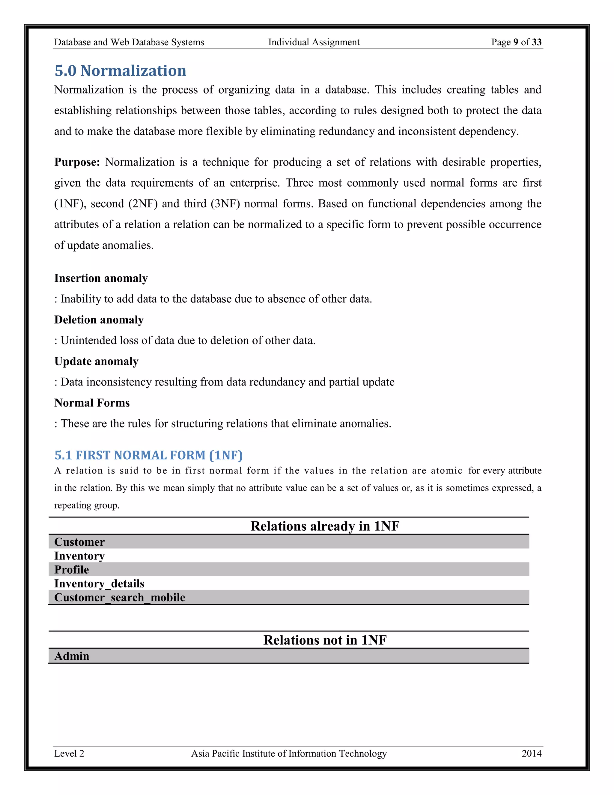 Database and Web Database Systems Individual Assignment Page 9 of 33
Level 2 Asia Pacific Institute of Information Technology 2014
5.0 Normalization
Normalization is the process of organizing data in a database. This includes creating tables and
establishing relationships between those tables, according to rules designed both to protect the data
and to make the database more flexible by eliminating redundancy and inconsistent dependency.
Purpose: Normalization is a technique for producing a set of relations with desirable properties,
given the data requirements of an enterprise. Three most commonly used normal forms are first
(1NF), second (2NF) and third (3NF) normal forms. Based on functional dependencies among the
attributes of a relation a relation can be normalized to a specific form to prevent possible occurrence
of update anomalies.
Insertion anomaly
: Inability to add data to the database due to absence of other data.
Deletion anomaly
: Unintended loss of data due to deletion of other data.
Update anomaly
: Data inconsistency resulting from data redundancy and partial update
Normal Forms
: These are the rules for structuring relations that eliminate anomalies.
5.1 FIRST NORMAL FORM (1NF)
A relation is said to be in first normal form if the values in the relation are atomic for every attribute
in the relation. By this we mean simply that no attribute value can be a set of values or, as it is sometimes expressed, a
repeating group.
Relations already in 1NF
Customer
Inventory
Profile
Inventory_details
Customer_search_mobile
Relations not in 1NF
Admin
 