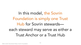 !116
In this model, the Sovrin
Foundation is simply one Trust
Hub for Sovrin stewards— 
each steward may serve as either a
Trust Anchor or a Trust Hub
Slide credit: Drummond Reed, Sovrin Foundation
 