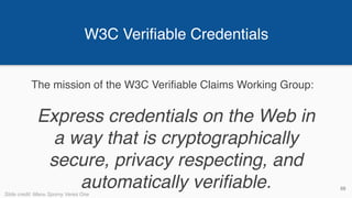 W3C Verifiable Credentials
68
The mission of the W3C Verifiable Claims Working Group:
Express credentials on the Web in
a way that is cryptographically
secure, privacy respecting, and
automatically verifiable.Slide credit: Manu Sporny Veres One
 