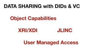  
DATA SHARING with DIDs & VC
JLINC
Object Capabilities
User Managed Access
XRI/XDI
 