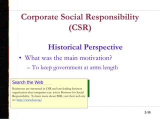 2-10
Corporate Social Responsibility
(CSR)
Historical Perspective
• What was the main motivation?
– To keep government at arms length
Search the Web
Businesses are interested in CSR and one leading business
organization that companies can join is Business for Social
Responsibility. To learn more about BSR, visit their web site
at:: http://www.bsr.org/
 