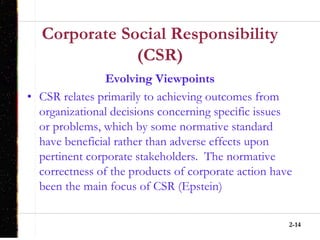 2-14
Corporate Social Responsibility
(CSR)
Evolving Viewpoints
• CSR relates primarily to achieving outcomes from
organizational decisions concerning specific issues
or problems, which by some normative standard
have beneficial rather than adverse effects upon
pertinent corporate stakeholders. The normative
correctness of the products of corporate action have
been the main focus of CSR (Epstein)
 