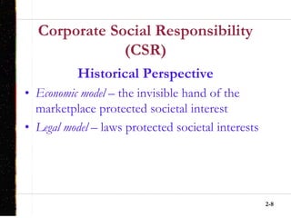 2-8
Corporate Social Responsibility
(CSR)
Historical Perspective
• Economic model – the invisible hand of the
marketplace protected societal interest
• Legal model – laws protected societal interests
 