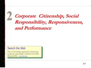 2-11
Corporate Citizenship, Social
Responsibility, Responsiveness,
and Performance
Search the Web
One of the leading organizations promoting
corporate responsibility is Business for Social
Responsibility : www.bsr.org.
 