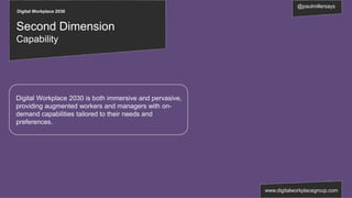 Digital Workplace 2030
@paulmillersays
www.digitalworkplacegroup.com
Second Dimension
Capability
Digital Workplace 2030 is both immersive and pervasive,
providing augmented workers and managers with on-
demand capabilities tailored to their needs and
preferences.
 