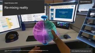 Digital Workplace 2030
@paulmillersays
www.digitalworkplacegroup.com
Re-mixing reality
Source: http://www.businessinsider.sg/meta-ar-startup-employees-replace-computers-with-smartglasses-video-
2017-7
 