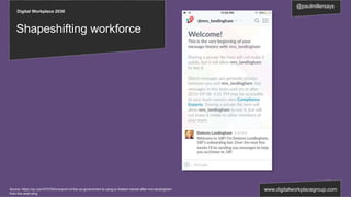 Digital Workplace 2030
@paulmillersays
www.digitalworkplacegroup.com
Shapeshifting workforce
Source: https://qz.com/574729/a-branch-of-the-us-government-is-using-a-chatbot-named-after-mrs-landingham-
from-the-west-wing
 
