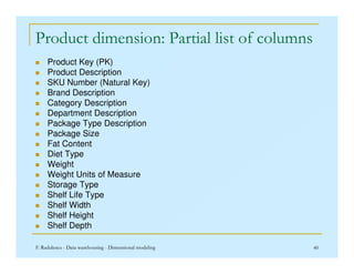 Product dimension: Partial list of columns
 Product Key (PK)
 Product Description
 SKU Number (Natural Key)
 Brand Description
 Category Description
 Department Description
 Package Type Description
 Package Size
F. Radulescu - Data warehousing - Dimensional modeling 40
 Package Size
 Fat Content
 Diet Type
 Weight
 Weight Units of Measure
 Storage Type
 Shelf Life Type
 Shelf Width
 Shelf Height
 Shelf Depth
 