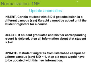 Normalization: 1NF
7
Update anomalies
INSERT. Certain student with SID 5 got admission in a
different campus (say) Karachi cannot be added until the
student registers for a course.
DELETE. If student graduates and his/her corresponding
record is deleted, then all information about that student
is lost.
UPDATE. If student migrates from Islamabad campus to
Lahore campus (say) SID = 1, then six rows would have
to be updated with this new information.
 