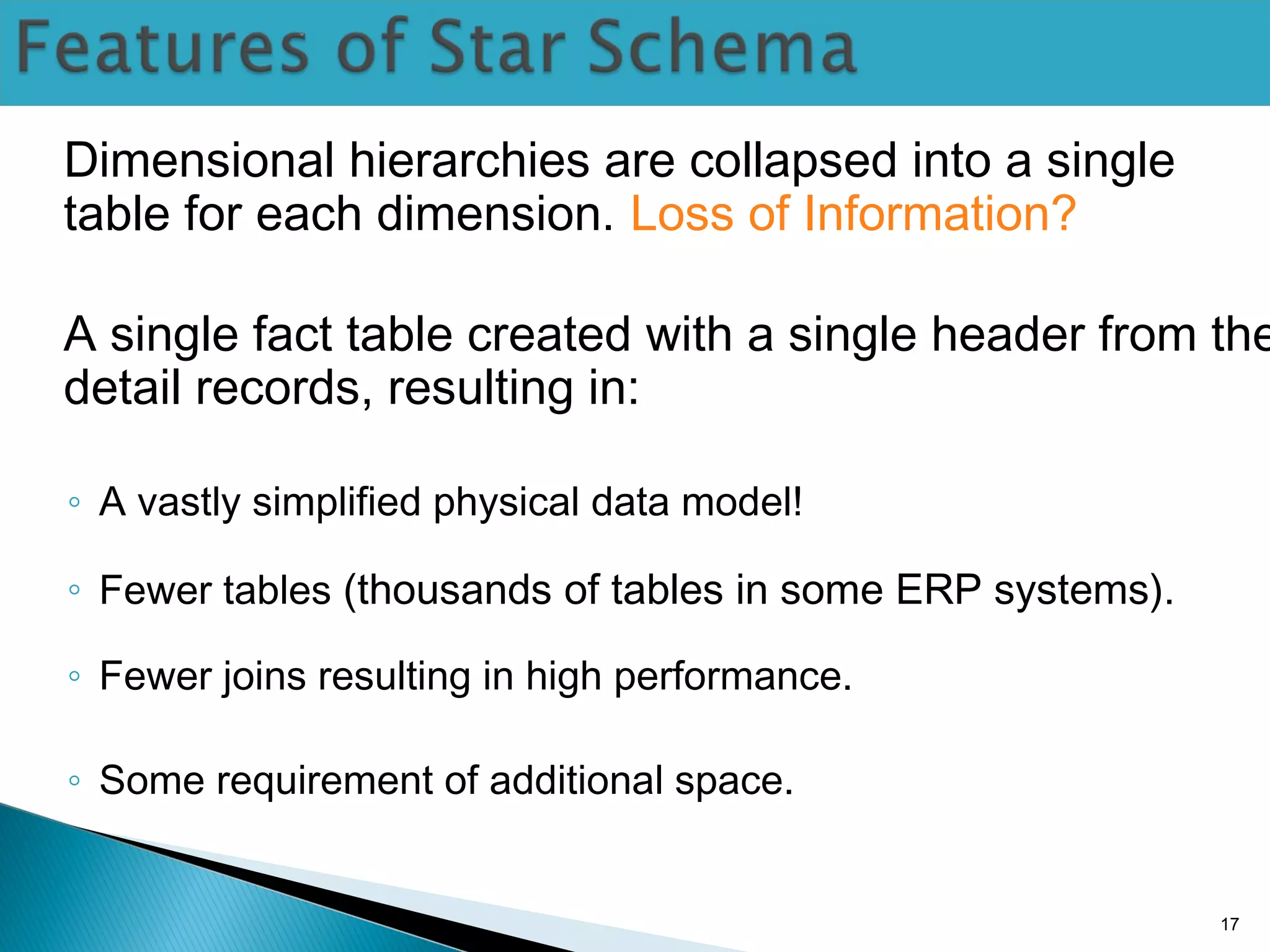 Dimensional hierarchies are collapsed into a single
table for each dimension. Loss of Information?
A single fact table created with a single header from the
detail records, resulting in:
◦ A vastly simplified physical data model!
◦ Fewer tables (thousands of tables in some ERP systems).
◦ Fewer joins resulting in high performance.
◦ Some requirement of additional space.
17
 