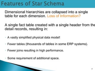 Dimensional hierarchies are collapsed into a single
table for each dimension. Loss of Information?
A single fact table created with a single header from the
detail records, resulting in:
◦ A vastly simplified physical data model!
◦ Fewer tables (thousands of tables in some ERP systems).
◦ Fewer joins resulting in high performance.
◦ Some requirement of additional space.
17
 