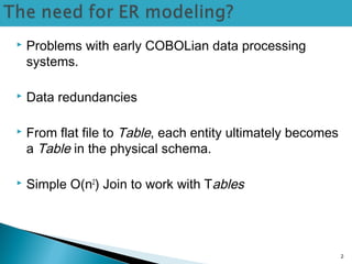  Problems with early COBOLian data processing
systems.
 Data redundancies
 From flat file to Table, each entity ultimately becomes
a Table in the physical schema.
 Simple O(n2
) Join to work with Tables
2
 