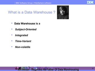 IBM Software Group | WebSphere software
11
What is a Data Warehouse ?
 Data WarehouseData Warehouse is a
 Subject-Oriented
 Integrated
 Time-Variant
 Non-volatile
WH Inmon - Regarded As Father Of Data WarehousingWH Inmon - Regarded As Father Of Data Warehousing
 