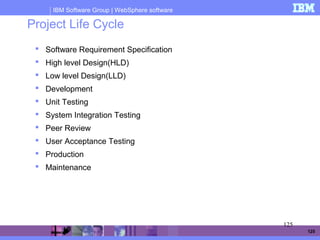 IBM Software Group | WebSphere software
125
Project Life Cycle
 Software Requirement Specification
 High level Design(HLD)
 Low level Design(LLD)
 Development
 Unit Testing
 System Integration Testing
 Peer Review
 User Acceptance Testing
 Production
 Maintenance
125
 