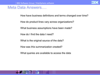 IBM Software Group | WebSphere software
Meta Data Answers….
How have business definitions and terms changed over time?
How do product lines vary across organizations?
What business assumptions have been made?
How do I find the data I need?
What is the original source of the data?
How was this summarization created?
What queries are available to access the data
 