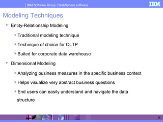 IBM Software Group | WebSphere software
36
Modeling Techniques
 Entity-Relationship Modeling
Traditional modeling technique
Technique of choice for OLTP
Suited for corporate data warehouse
 Dimensional Modeling
Analyzing business measures in the specific business context
Helps visualize very abstract business questions
End users can easily understand and navigate the data
structure
 