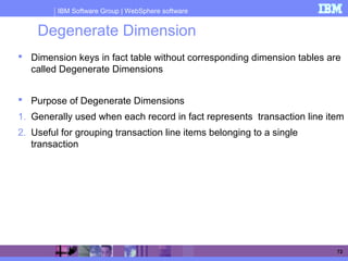 IBM Software Group | WebSphere software
72
Degenerate Dimension
 Dimension keys in fact table without corresponding dimension tables are
called Degenerate Dimensions
 Purpose of Degenerate Dimensions
1. Generally used when each record in fact represents transaction line item
2. Useful for grouping transaction line items belonging to a single
transaction
 