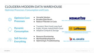 © Cloudera, Inc. All rights reserved. 15
Optimize Core
Processes
● Versatile Solution
● Broaden Data Reach
● Reduce IT Burden or Costs
Dynamic
Consumption
● Transient, Short-lived, Long-lived
● Public, Private, Hybrid Multi-Cloud
● Adaptive Compute & Storage
Self-Service
Everything
● Resource Provisioning
● Workload Development
● Optimizing & Troubleshooting
CLOUDERA MODERN DATA WAREHOUSE
Optimize Processes, Consumption and Costs
https://www.cloudera.com/about/customers/xl-axiata.html
https://blog.cloudera.com/blog/2018/03/automated-provisioning-
of-cdh-in-the-cloud-with-cloudera-director-and-ansible/
https://www.cloudera.com/about/customers/komatsu-mining.html
 