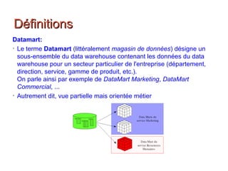 DéfinitionsDéfinitions
Datamart:
• Le terme Datamart (littéralement magasin de données) désigne un
sous-ensemble du data warehouse contenant les données du data
warehouse pour un secteur particulier de l'entreprise (département,
direction, service, gamme de produit, etc.).
On parle ainsi par exemple de DataMart Marketing, DataMart
Commercial, ...
• Autrement dit, vue partielle mais orientée métier
 