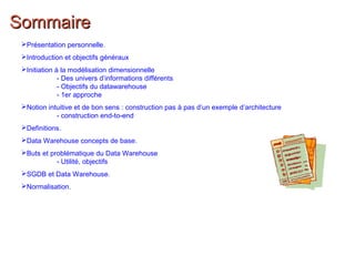 Présentation personnelle.
Introduction et objectifs généraux
Initiation à la modélisation dimensionnelle
- Des univers d’informations différents
- Objectifs du datawarehouse
- 1er approche
Notion intuitive et de bon sens : construction pas à pas d’un exemple d’architecture
- construction end-to-end
Definitions.
Data Warehouse concepts de base.
Buts et problématique du Data Warehouse
- Utilité, objectifs
SGDB et Data Warehouse.
Normalisation.
SommaireSommaire
 