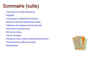 Composants du Data Warehouse.
Rappels.
Vocabulaire du Modèle Dimensionnel.
Bases de Données Multidimensionnelles.
Méthodes de navigation dans les données.
Dimension à évolution lente.
Dimension temps.
Clé de l’entrepôt.
Étapes de mise en place du Modèle Dimensionnel.
Estimation de la taille de l’entrepôt.
Bibliographie.
Sommaire (suite)Sommaire (suite)
 