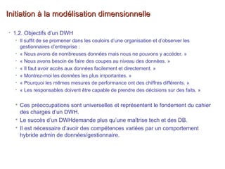 Initiation à la modélisation dimensionnelleInitiation à la modélisation dimensionnelle
• 1.2. Objectifs d’un DWH
• Il suffit de se promener dans les couloirs d’une organisation et d’observer les
gestionnaires d’entreprise :
• « Nous avons de nombreuses données mais nous ne pouvons y accéder. »
• « Nous avons besoin de faire des coupes au niveau des données. »
• « Il faut avoir accès aux données facilement et directement. »
• « Montrez-moi les données les plus importantes. »
• « Pourquoi les mêmes mesures de performance ont des chiffres différents. »
• « Les responsables doivent être capable de prendre des décisions sur des faits. »
 Ces préoccupations sont universelles et représentent le fondement du cahier
des charges d’un DWH.
 Le succès d’un DWHdemande plus qu’une maîtrise tech et des DB.
 Il est nécessaire d’avoir des compétences variées par un comportement
hybride admin de données/gestionnaire.
 