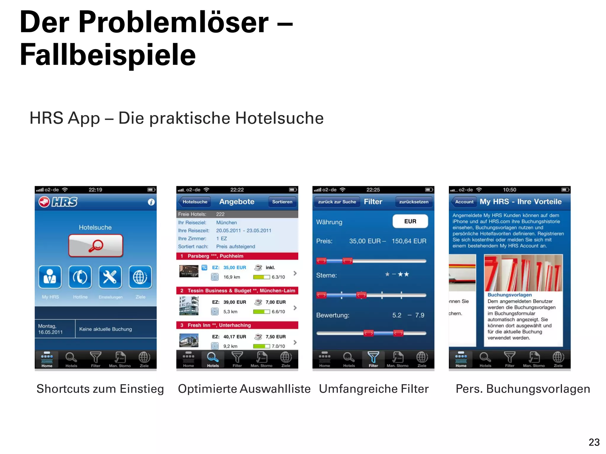 Der Problemlöser –
Fallbeispiele
HRS App – Die praktische Hotelsuche




 Shortcuts zum Einstieg   Optimierte Auswahlliste Umfangreiche Filter   Pers. Buchungsvorlagen



                                                                                             23
 