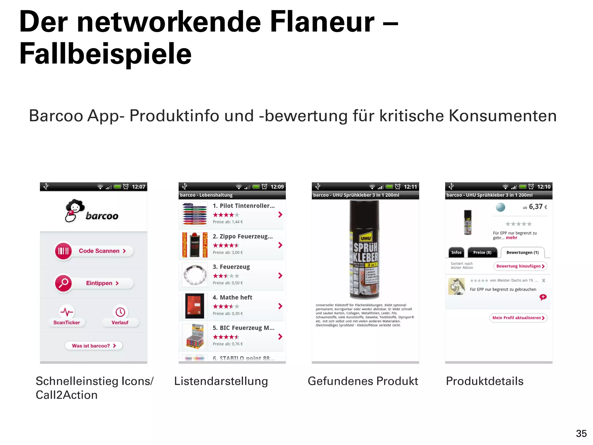 Der networkende Flaneur –
Fallbeispiele
Barcoo App- Produktinfo und -bewertung für kritische Konsumenten




 Schnelleinstieg Icons/   Listendarstellung   Gefundenes Produkt   Produktdetails
 Call2Action


                                                                                    35
 