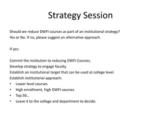 Strategy SessionShould we reduce DWFI courses as part of an institutional strategy? Yes or No. If no, please suggest an alternative approach.If yes:Commit the institution to reducing DWFI Courses.Develop strategy to engage faculty.Establish an institutional target that can be used at college level.Establish institutional approach:Lower level coursesHigh enrollment, high DWFI coursesTop 50…Leave it to the college and department to decide.