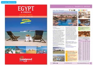 HOLIDAY BROCHURES




                    EGYPT
                                                                                                                                         Um Marikha Bay                                   SHARM EL SHEIKH

                                                                                Jolie Ville Mövenpick Golf & Resort
                         & JORDAN
                                                                                                                                                                                        Royal Wing Pool                                                                     Royal Wing Room




                    Enchanting & Timeless
                    October 2007 - October 2008




                             WHERE THE SUN SHINES EVERY DAY OF EVERY YEAR




                                                                                Our Opinion                                              Sport & Leisure: The Hotel is set around a
                                                                                                                                                                                                                                              First child aged 2-13 sharing room with 2




                                                                                                                                                                                                            SPECIAL
                                                                                A luxury hotel offering superb value for money with an   picturesque water attraction with salt and fresh




                                                                                                                                                                                                             KIDS
                                                                                                                                                                                                                                              adults SAVES £65 per week on child
                                                                                18-hole championship golf course.                        water pools, 2 water slides and waterfalls in                                                        holiday prices.
                                                                                                                                         addition to the Royal Wing pool with water
                                                                                                                                                                                                                                              Valid 1/11/07-31/10/08.
                                                                                Location: In Um Marikha Bay, approximately 7km           massage, Jacuzzi and aqua games for children.A
                                                                                from Naama Bay, in a quiet setting, surrounded by        beach with a tropical backdrop and 3 wooden
                                                                                spectacular mountains, desert and sea.                   jetties.The health club includes a fitness room,
                                                                                Rooms: 418 luxurious air-conditioned rooms               hydrotherapy, Jacuzzi, steam, massage and sauna
                                                                                including suites and sea view villas, each with          (pay locally for entrance and treatments).
                                                                                private facilities, balcony or terrace, satellite TV,    Recreational facilities including 4 floodlit tennis
                                                                                safe, hairdryer and mini bar. Standard rooms             courts and snooker are also available.
                                                                                provide a view of the central courtyard, while pool      Special Facilities: Children’s club (for ages 4-12).
                                                                                and sea view rooms are available at a supplement.        The Jolie Ville Mövenpick Golf and Resort also has
                                                                                The Hotel also offers Royal Wing rooms, which            an 18-hole championship golf course with double-
                                                                                are more spacious than standard rooms and                ended driving range, practice area and clubhouse
                                                                                                                                                                                                              Prices per person in £’s including UK Airport passenger
                                                                                feature a separate bath and shower.                      with a restaurant and pro shop.The 6021-metre                        duty. Departures from Gatwick & Manchester - see
                                                                                Cuisine: The Hotel offers 13 different restaurants       par 72 course has introduced a new dimension to                      page 105 for flight details and applicable supplements.
                                                                                and bars including Les Palmiers main restaurant          the Resort. Host site of the European PGA                                                                          MÖVENPICK GOLF & RESORT
                                                                                serving buffet style cuisine and the Jolie Bistro, an    Seniors Tour and the European Challenge Tour                         Accommodation Code                                     SSHMOG
                                                                                all day à la carte restaurant, as well as the            events.                                                              Board Basis                                         Bed & Breakfast
                                                                                Mandarin Chinese restaurant, Dolphin à la carte                                                                               Duration in Nights                              7     7        14    14
                                                                                                                                                                                                                                                            Adult Child    Adult  Child
                                                                                open air restaurant, Zaman Lebanese restaurant,          Supplements per person, per night:                                                                                       2-13*           2-13*
                                                                                poolside barbecue, 19th Hole (at the golf course)        Half board - £13; Single room - £16 (except 23/12/07-                                         Oct 18 - 31           579   419       779   499
                                                                                and Belle Vue lounge bar.                                3/1/08 & 21-27/3/08 - £26; 1-31/8/08 & 1-31/10/08 - £20);                                     Nov 1 - 14            499   419       679   505
                                                                                                                                         Pool view room - £6; Royal wing room - £9; Sea view                                           Nov 15 - 21           489   409       625   479
                                                                                Entertainment: La Luna disco, the Treasure
                                                                                                                                         room - £11.                                                                                   Nov 22 - Dec 5        439   375       579   439
                                                                                Cove beach bar and the elegant Ascot Bar English-                                                                                                      Dec 6 - 12            399   345       529   409
                                                                                style pub, plus daily evening entertainment at Les       Reductions per night:                                                                         Dec 13 - 15           435   369       815   599
                                                                                Palmiers during dinner.                                  Third person sharing room - £6.                                                               Dec 16 - 19           419   349       885   639
                                                                                                                                                                                                                                       Dec 20 - 22           729   589      1125   789
                                                                                                                                         Holiday prices include Xmas Eve and/or New
                                                                                                                                                                                                                                       Dec 23 - 26           799   619      1149   799
                                                                                                                                         Year’s Eve Galas, where applicable.                                                           Dec 27 - 28           845   649       839   559
                                                                                                                                                                                                                                       Dec 29 - 31           799   625       769   525




                                                                                                                                                                                                            DEPARTURES ON OR BETWEEN
                                                                                                                                                                                                                                       Jan 1 - 5             469   395       599   459
                                                                                                                                                                                                                                       Jan 6 - Feb 6         449   379       579   449
                                                                                                                                                                                                                                       Feb 7 - 16            499   429       675   519
                                                                                                                                                                                                                                       Feb 17 - Mar 12       519   429       709   525
                                                                                                                                                                                                                                       Mar 13 - 15           519   429       799   569
                                                                                                                                                  EARLY BOOKING OFFER




                                                                                                                                         OFFERS
                                                                                                                                                                                                                                       Mar 16 - 19           599   495       869   629




                                                                                                                                         HOTEL
                                                                                                                                                  Book by 31/10/07 and complete your holiday                                           Mar 20 - 22           669   529      869    629
                                                                                                                                                                                                                                       Mar 23 - 26           619   489      799    579
                                                                                                                                                  during the period 1/11/07-30/4/08 to SAVE
                                                                                                                                                                                                                                       Mar 27 - Apr 19       529   429       699   519
                                                                                                                                                  £13 per person, per 7 nights in hotel.                                               Apr 20 - 26           519   429       679   509
                                                                                                                                                  Not valid for children paying child price.                                           Apr 27 - May 31       519   449       669   525
                                                                                                                                                                                                                                       Jun 1 - 21            479   409      615    479
                                                                                                                                                  NO SINGLE ROOM SUPPLEMENT                                                            Jun 22 - 30           489   415       669   499
                                                                                                                                                                                                                                       Jul 1 - 19            549   459       739   549
                                                                                                                                                  for nights in hotel 21/11-21/12/07 or
                                                                                                                                                                                                                                       Jul 20 - 26           589   499      799    599
                                                                                                                                                  1-30/9/08.                                                                           Jul 27 - Aug 20       629   515       859   629
                                                                                                                                                                                                                                       Aug 21 - 27           629   515       829   619
                                                                                                                                                  HONEYMOON OFFER                                                                      Aug 28 - 31           599   499       749   555
                                                                                                                                                  Guests celebrating their HONEYMOON                                                   Sep 1 - 24            575   479      759    575
                                                                                                                                                  will be upgraded to the next available room                                          Sep 25 - 30           589   489      815    599
                                                                                                                                                  category and will receive VIP treatment                                              Oct 1 - 23            625   509       855   625
                                                                                                                                                  throughout their stay.                                      * CHILD PRICES: Child holiday prices relate to 1 or 2 children
                     H   O       L          I         D       A        Y    S                                                                                                                                 aged 2-13 sharing a room with 2 full-fare paying passengers.



                                                                                ISTEL L#                                             Tel: 020 8418 2525                                                   www.longwoodholidays.co.uk                                                          71
 