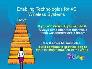 Enabling Technologies for 4G Wireless Systems If you can dream it, you can do it.   Always remember that this whole thing was started with a dream … ……..  It will never be completed.  It will continue to grow as long as there is imagination left in the world.   4G??? 