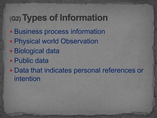  Business process information
 Physical world Observation
 Biological data
 Public data
 Data that indicates personal references or
 intention
 